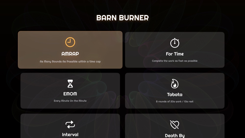 Barn Burner home screen on Apple TV with the AMRAP card focused